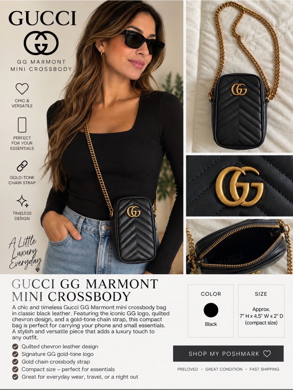 Gucci Black GG Marmont Mini Crossbody with Gold Chain